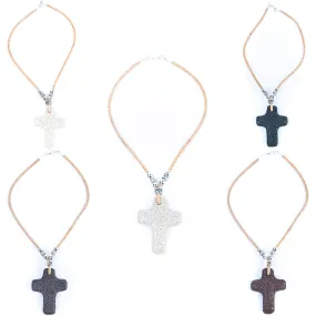 3mm round  natural color cork cord cross Shaped Volcanic Stone Pendant handmade Cork Necklace NE-1057-MIX-5