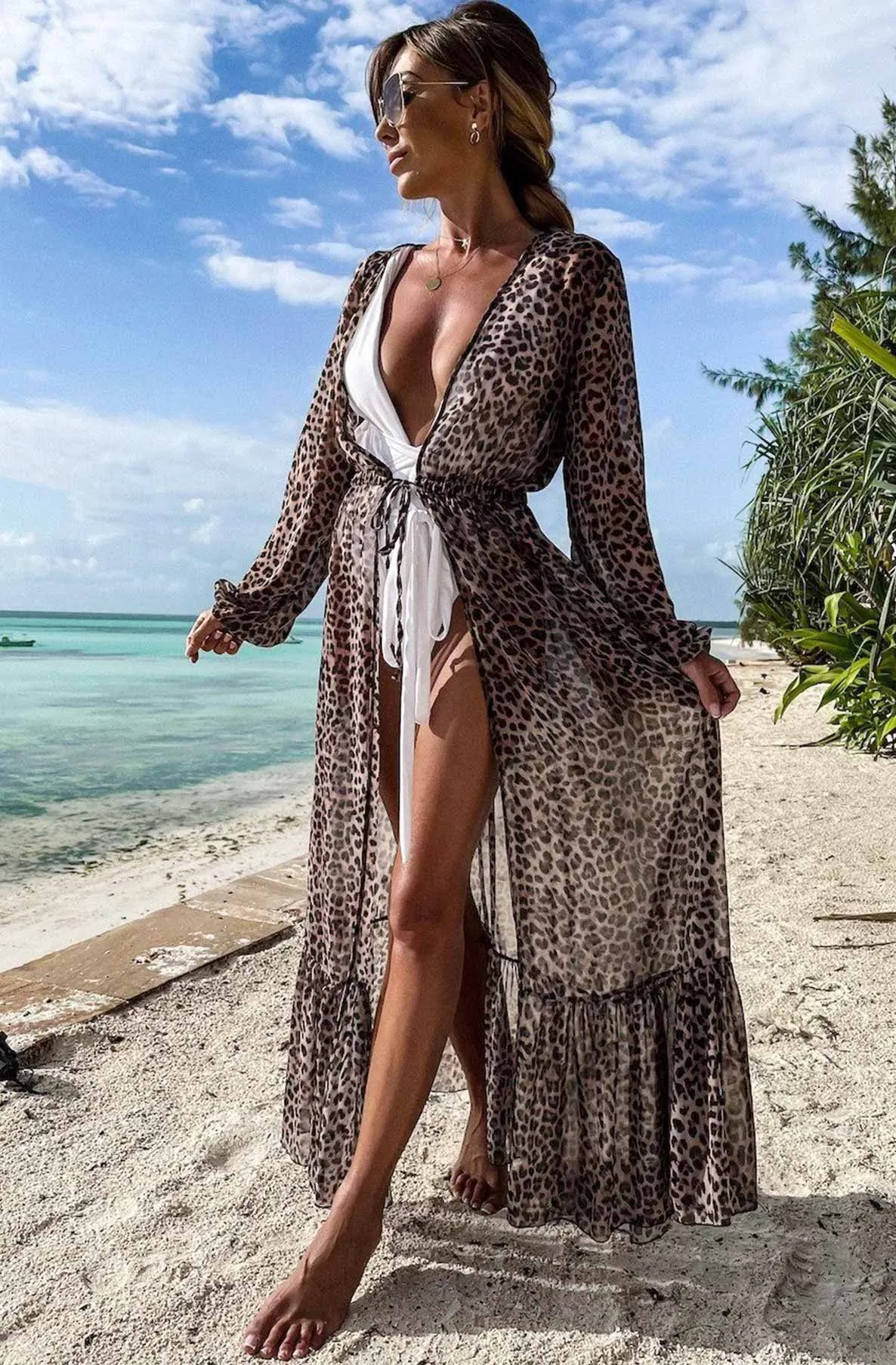 Ahalia Beach Cover Up Maxi Wrap Dress-Brown