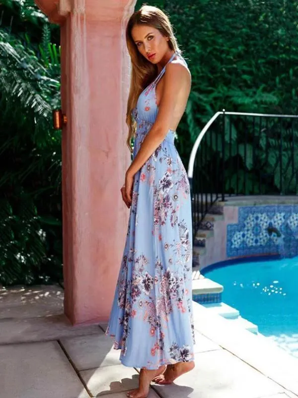 BerryBetty - Blue Printed Halter-Neck Backless Bohemia Maxi Dress