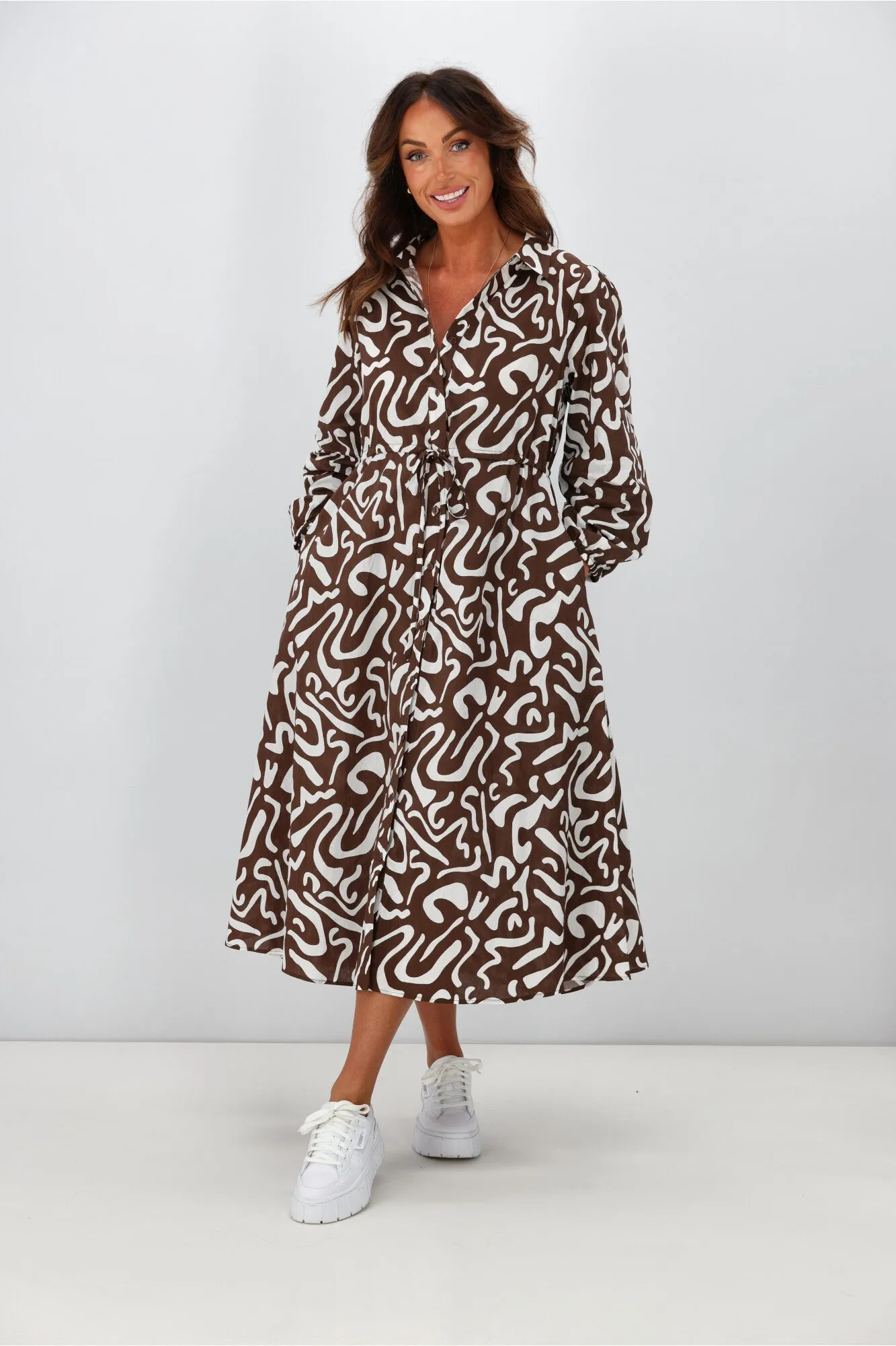 Boho Australia Cline Midi Dress Brown White