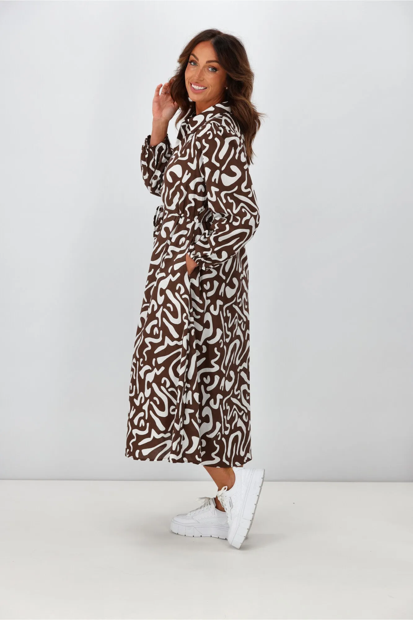 Boho Australia Cline Midi Dress Brown White