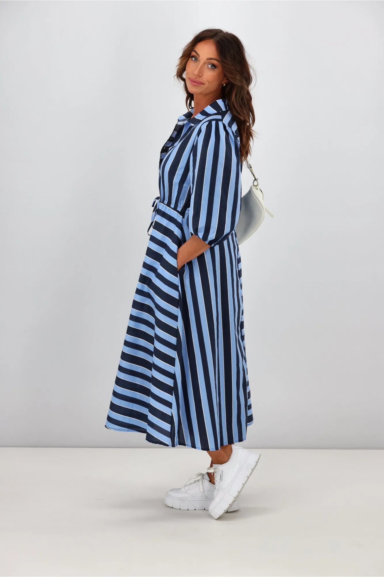 Boho Australia Moss Midi Dress Stripe Navy Blue