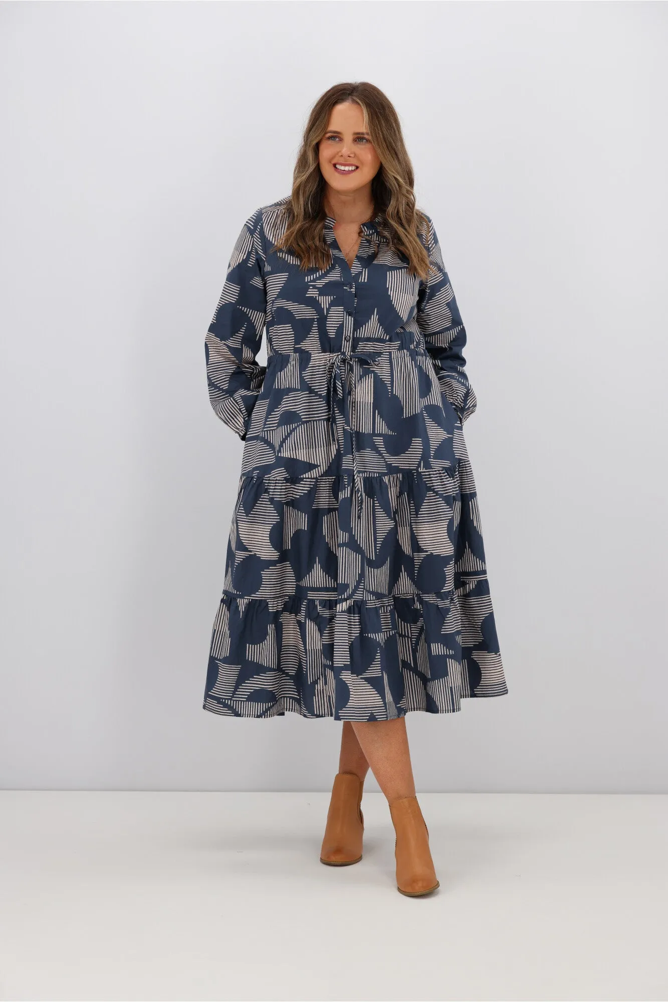 Boho Australia Sidra Midi Dress Navy Print