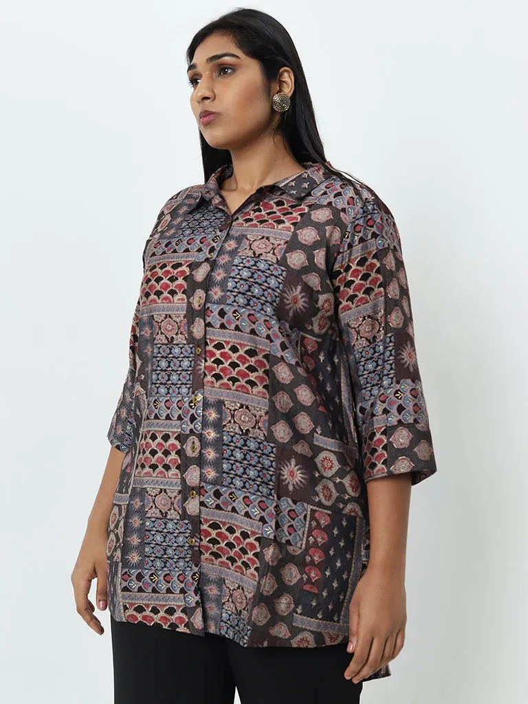 Diza Brown Abstract Printed High-Low Tunic