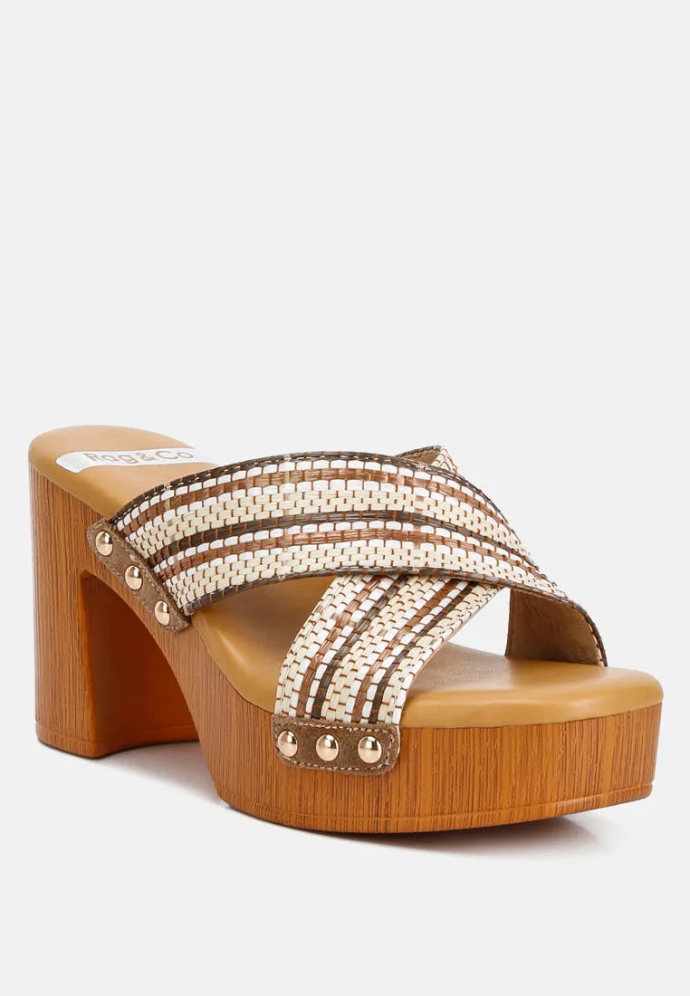 FInley Raffia High Block Heel Clogs In Tan