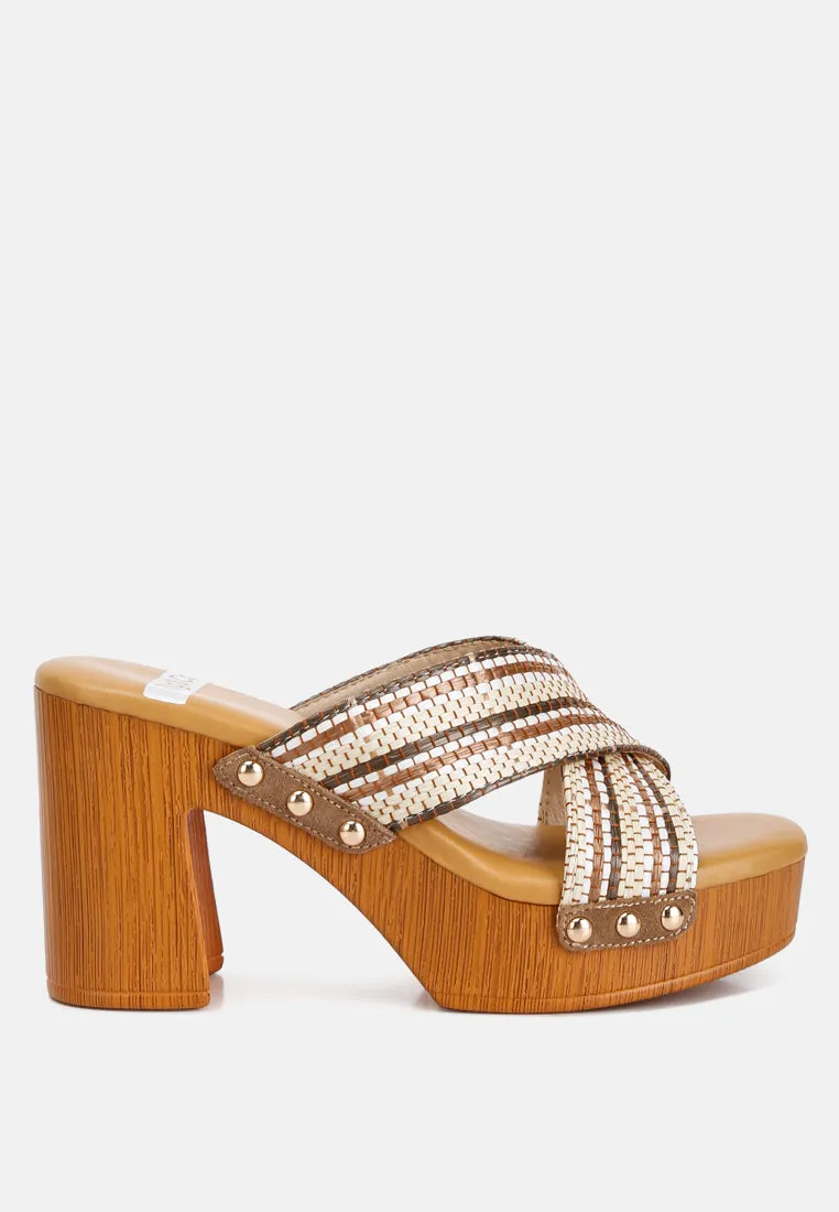 FInley Raffia High Block Heel Clogs In Tan