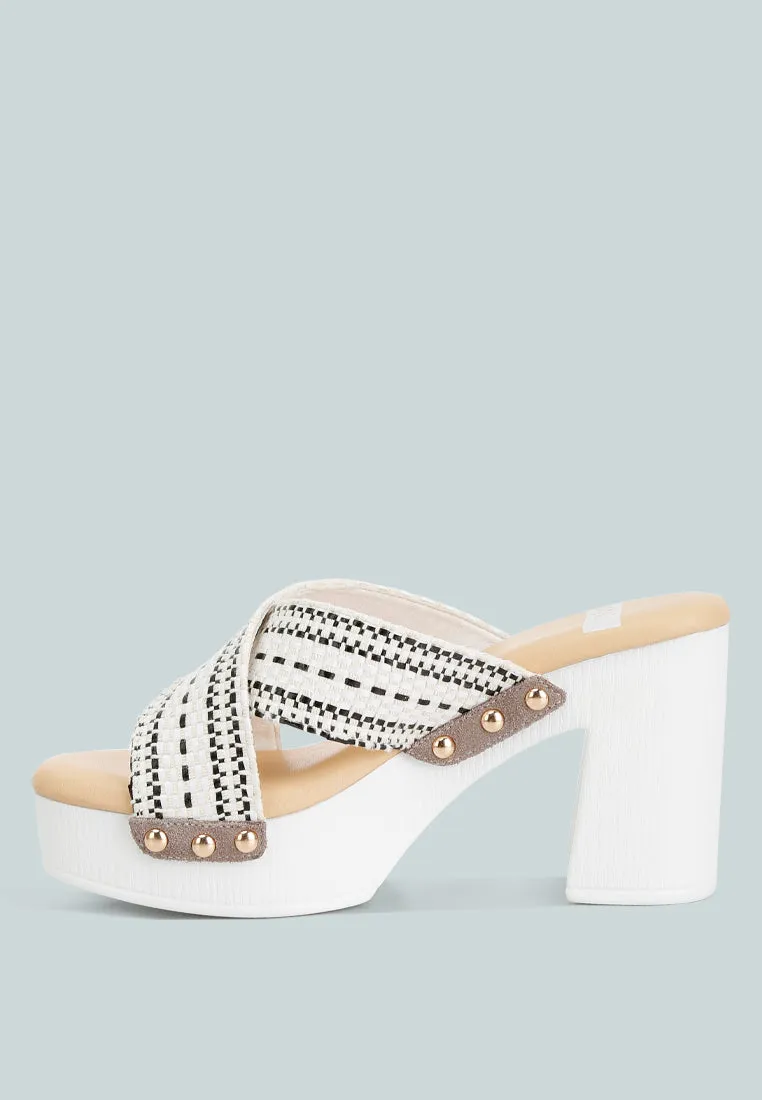 FInley Raffia High Block Heel Clogs In White