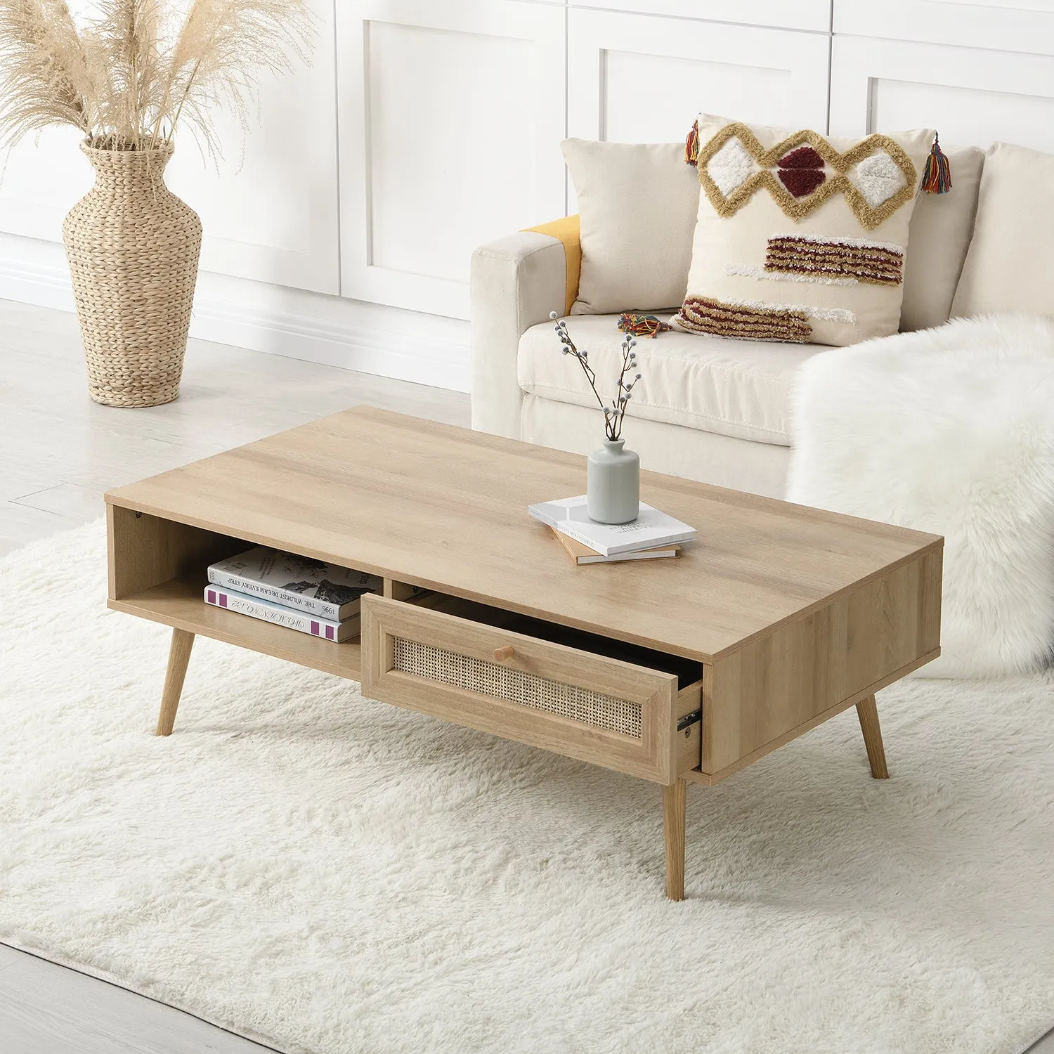 Frances Woven Rattan Wooden Coffee Table in Natural Colour