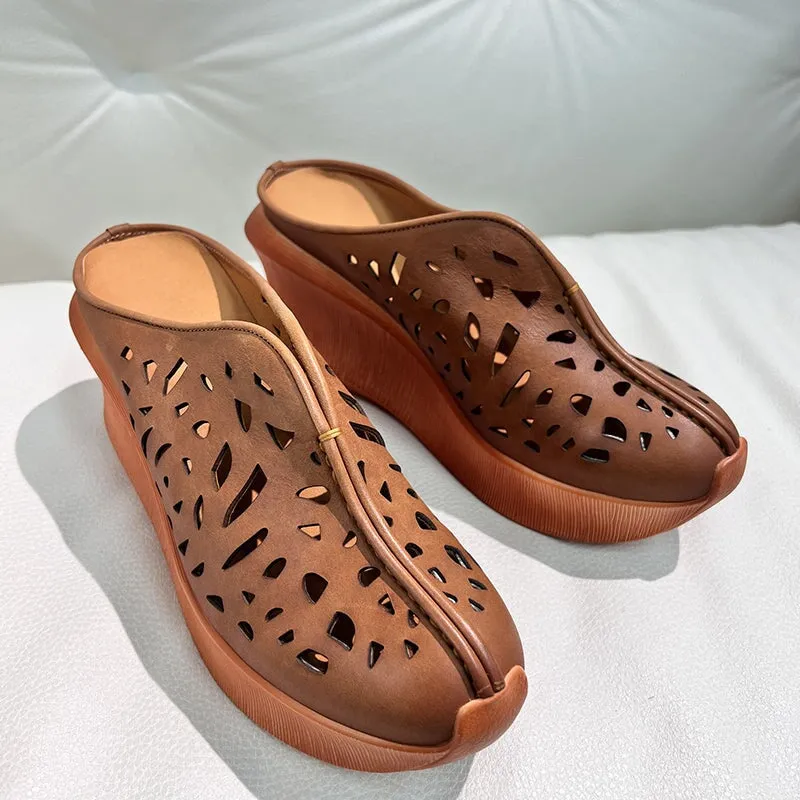 Genuine Leather Platform Slippers Handmade Thick Heel Hollow Pattern Slip-Ons Caramel/Green