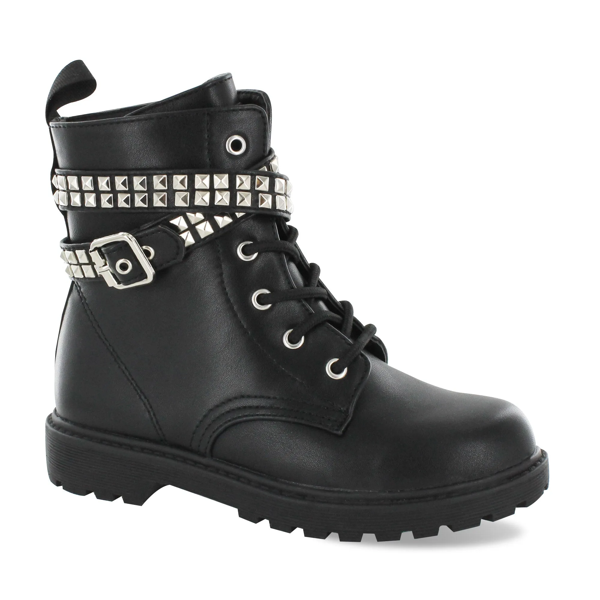 Gotta Flurt Girl's Lani Black Faux Leather Combat Boot With Side Zipper & Metal Stud Belt