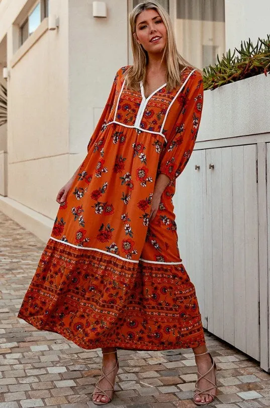 Isabella Boho long Sleeve Maxi Dress Rust