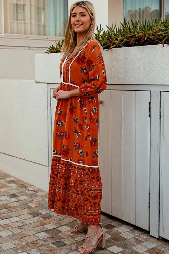 Isabella Boho long Sleeve Maxi Dress Rust