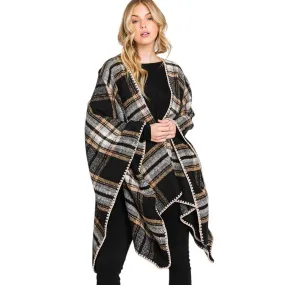 Plaid Check Patterned Ruana Poncho