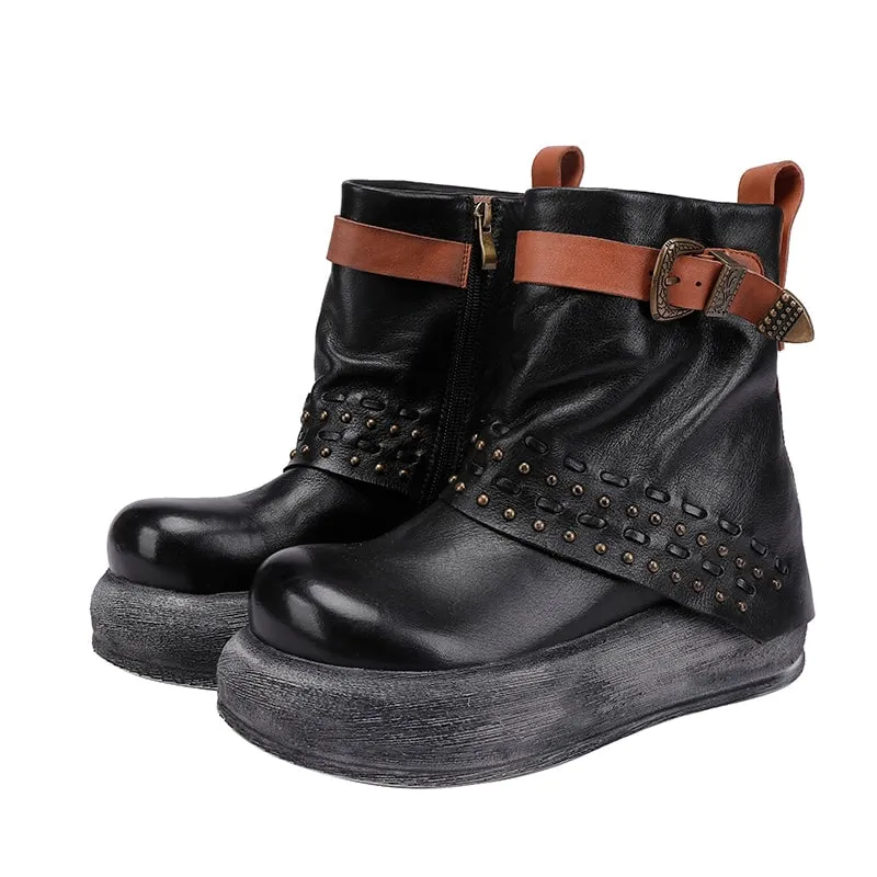 Women's Full-Grain Leather Studded Platform Vintage Fashion Ankle Boots